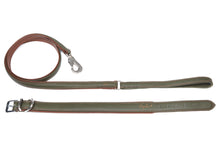 Lade das Bild in den Galerie-Viewer, Dogvibes- Set bestehend aus Lederhalsband mit passender Leine in der Farbe Oliv für Hunde
